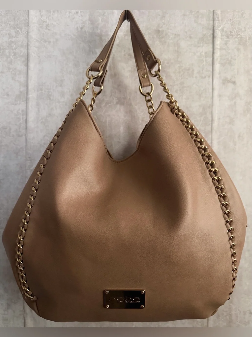 Bebe Colette Triple Entry Beige Hobo Shoulder Bag Gold Chain Accents Purse Tote